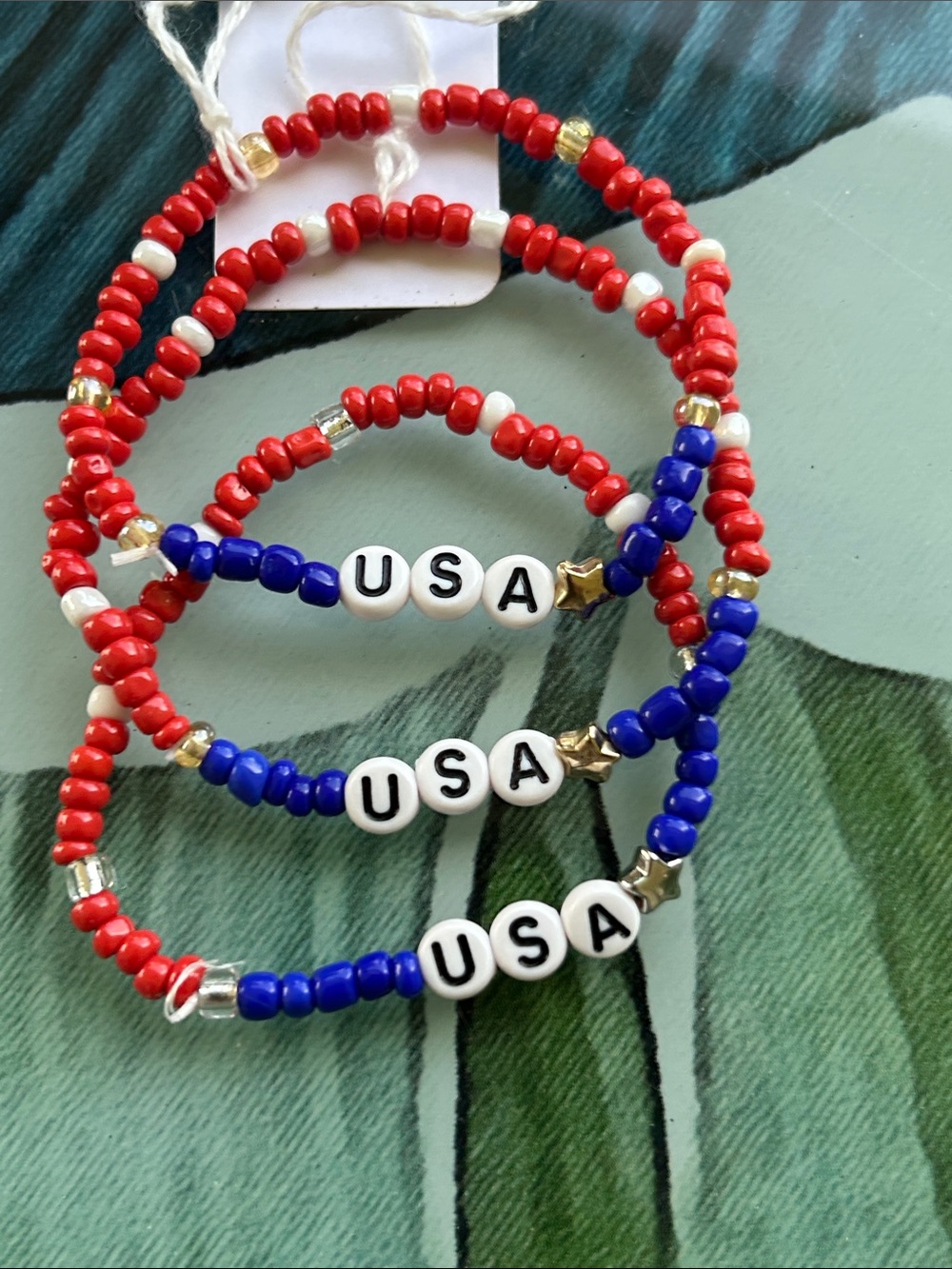 Patriotic USA Red White and Blue Beaded Stretch Bracelet Share Set